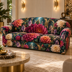 One sofa cover with an original Dahlia Prism Salon, dimensional dahlias, crystal prisms and Art Deco salon depth.
