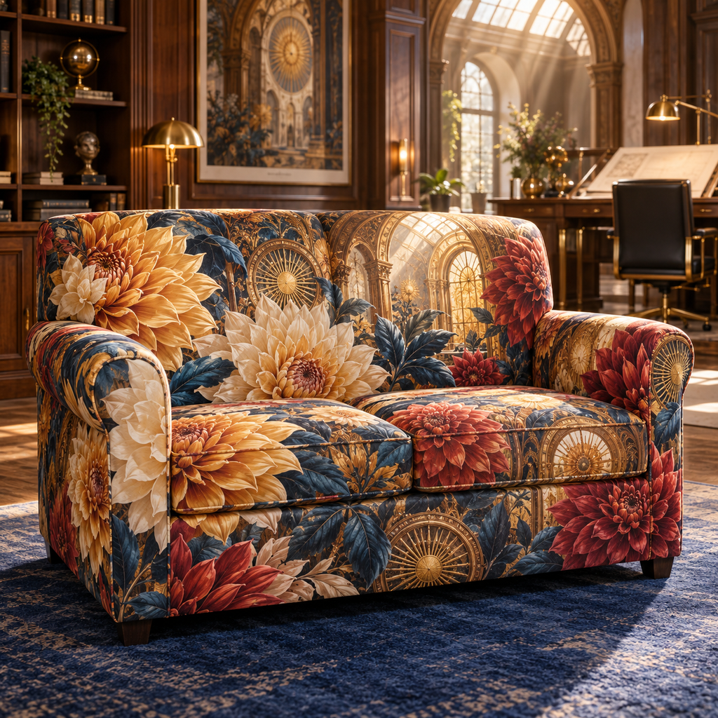 One sofa cover with an original Dahlia Sunburst Study, dimensional dahlias, sunburst medallions and skylit study depth.
