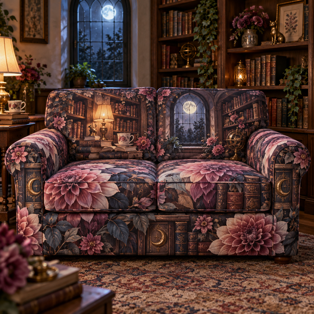 One sofa cover with an original Dahlia Moonlit Reading Alcove, dimensional dahlias, moonlit books and reading-alcove depth.