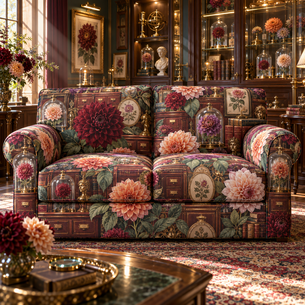 One sofa cover with an original Dahlia Curator's Cabinet, dimensional dahlias, glass specimens and collector-gallery depth.