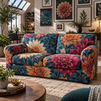 One sofa cover with an original Dahlia Prism Gallery, dimensional dahlias, prismatic frames and apartment-gallery depth.
