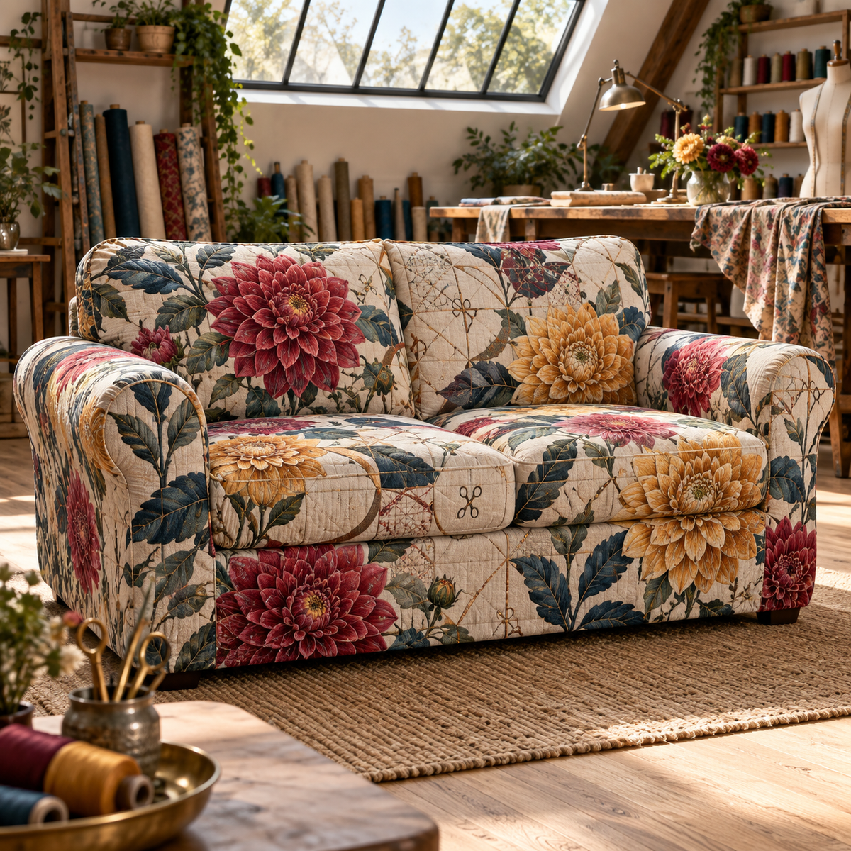 One sofa cover with an original Dahlia Maker Atelier, dimensional dahlias, thread arcs and maker-studio depth.