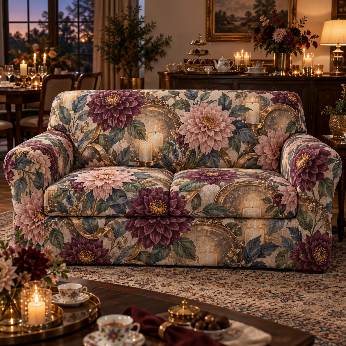 One sofa cover with an original Dahlia Gratitude Supper, dimensional dahlias, candle halos and gracious-hosting depth.