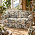 One sofa cover with an original Magnolia Veranda Reading Nest, dimensional magnolias, veranda windows and reading-nook depth.
