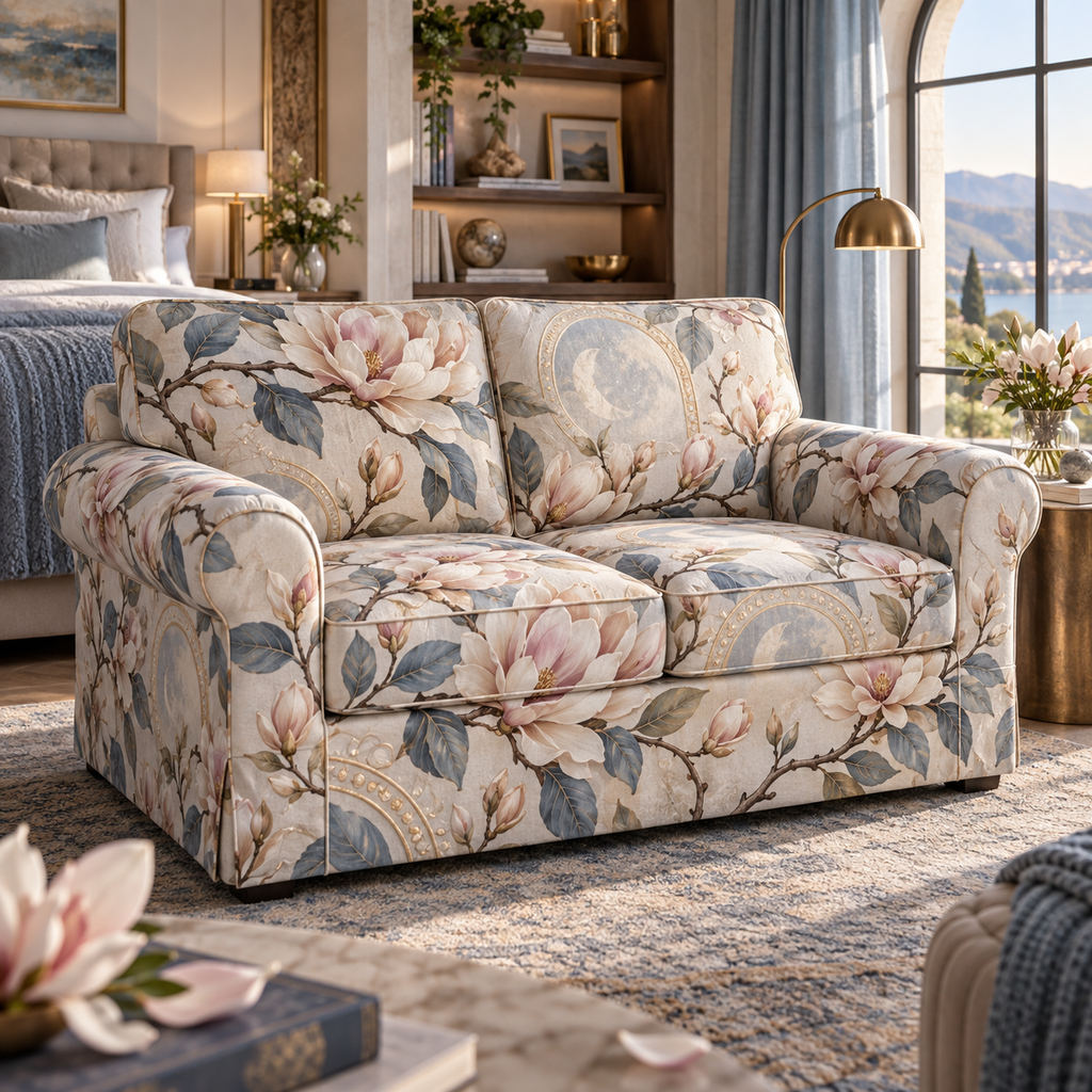 One sofa cover with an original Magnolia Moonstone Bedroom, dimensional magnolias, moonstone arches and bedroom depth.