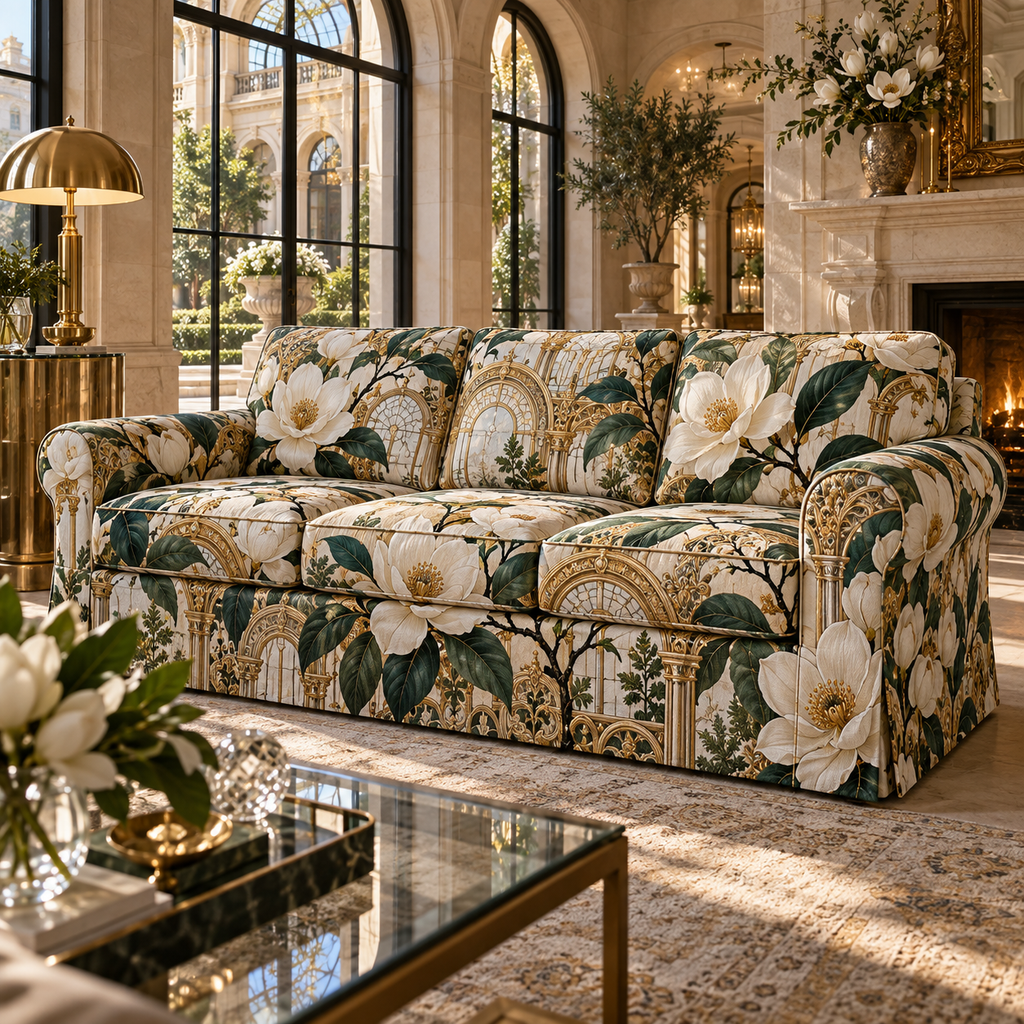 One sofa cover with an original Magnolia Gilded Atrium Salon, dimensional magnolias, gilded atrium arches and salon depth.