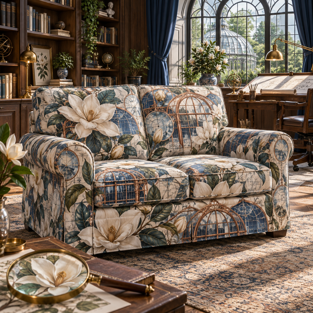 One sofa cover with an original Magnolia Blueprint Conservatory, dimensional magnolias, copper conservatory ribs and office depth.