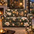 One sofa cover with an original Magnolia Hearthlight Welcome, dimensional magnolias, amber lanterns and warm new-home depth.