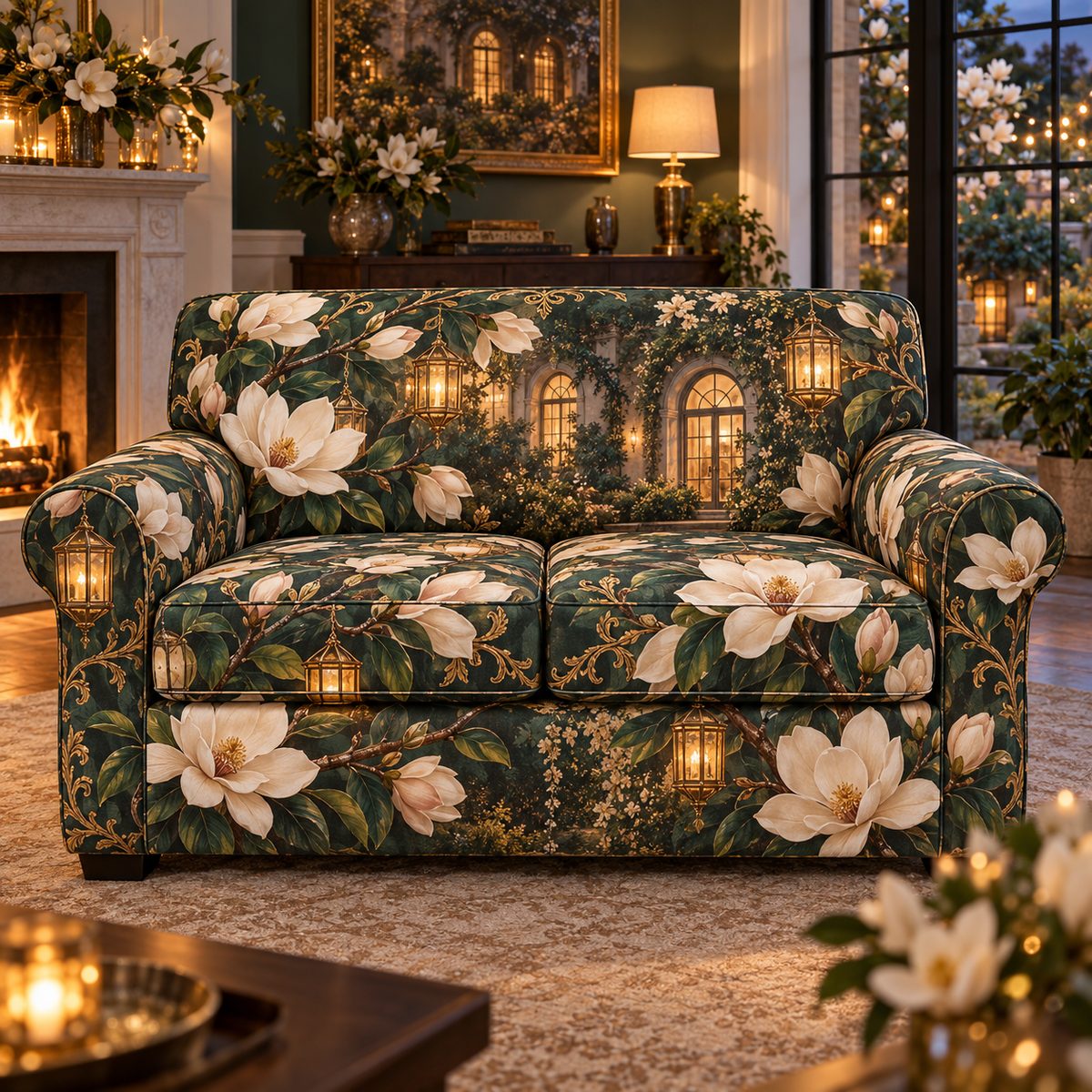 One sofa cover with an original Magnolia Hearthlight Welcome, dimensional magnolias, amber lanterns and warm new-home depth.