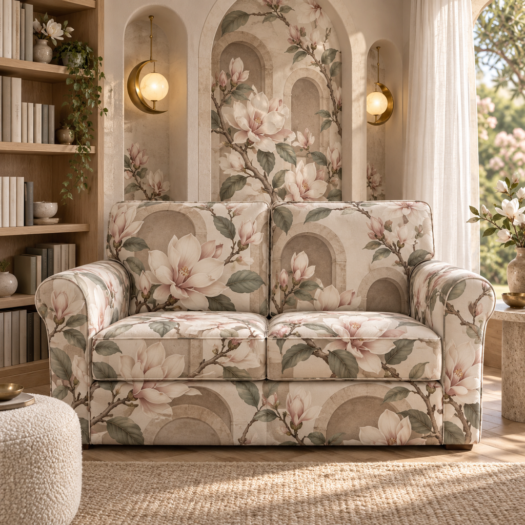 One sofa cover with an original Magnolia Whispering Alcove, dimensional magnolias, arched niches and calm reading-corner depth.