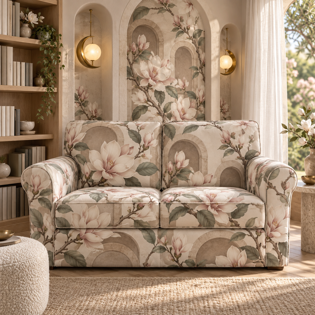 One sofa cover with an original Magnolia Whispering Alcove, dimensional magnolias, arched niches and calm reading-corner depth.