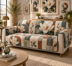 One sofa cover with an original Magnolia Prism Gallery, ivory magnolias, floating frames and prismatic apartment-gallery depth.