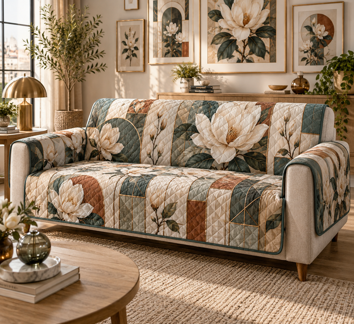 One sofa cover with an original Magnolia Prism Gallery, ivory magnolias, floating frames and prismatic apartment-gallery depth.