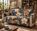 One sofa cover with an original Magnolia Maker Atelier, ivory magnolias, creative tools and dimensional studio depth.