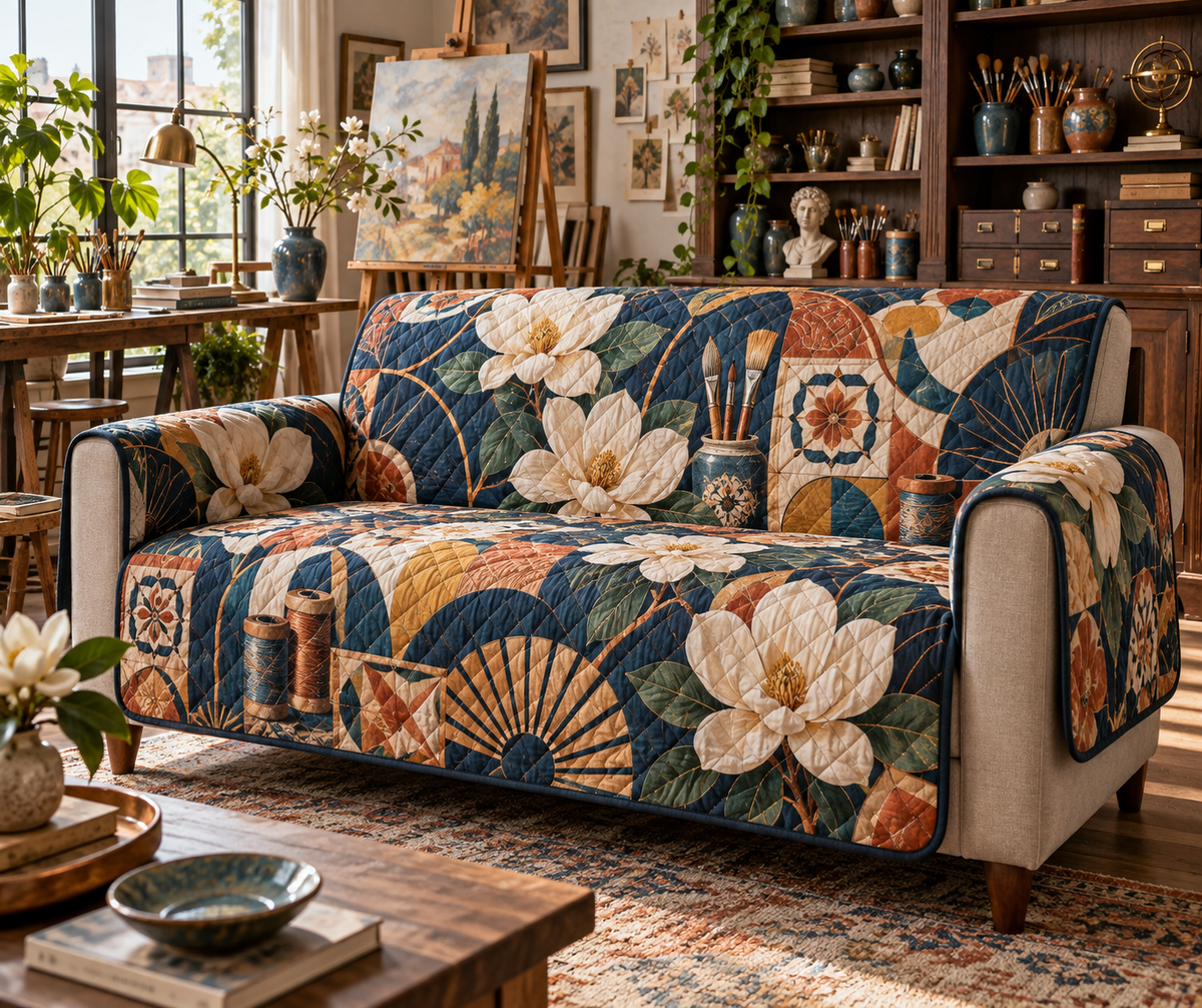 One sofa cover with an original Magnolia Maker Atelier, ivory magnolias, creative tools and dimensional studio depth.