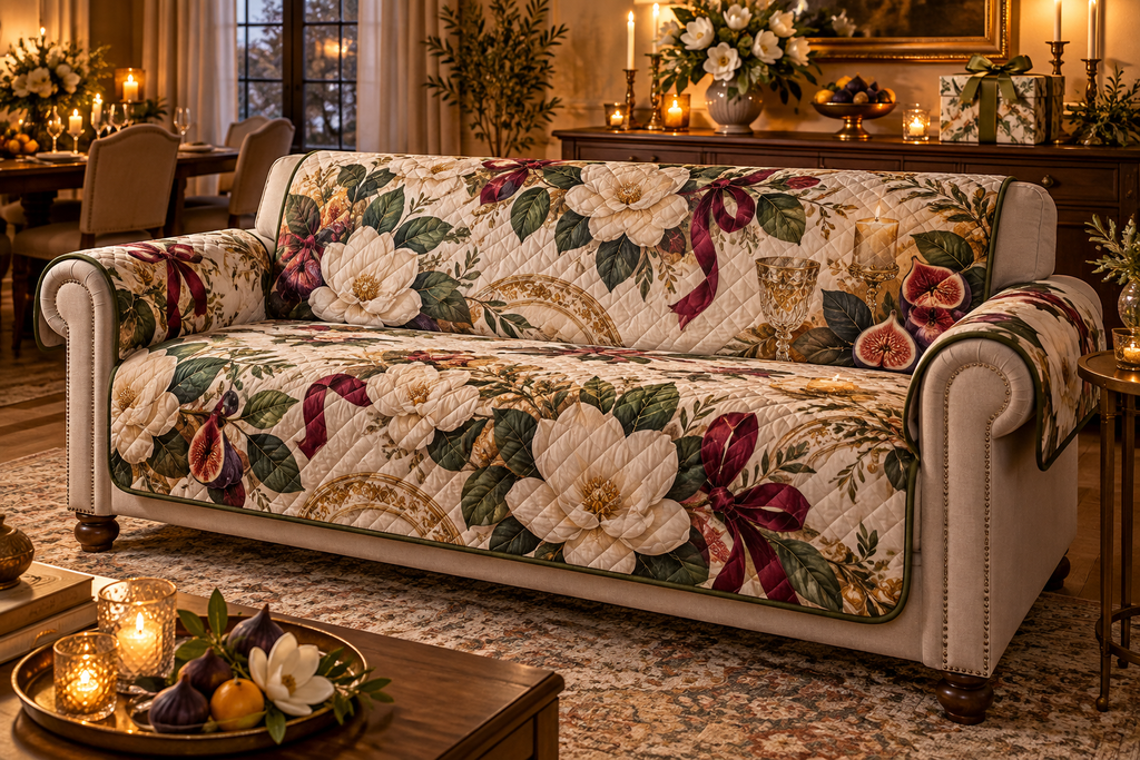 One sofa cover with an original Magnolia Gratitude Feast, cream magnolias, ribbon loops and candlelit host-salon depth.