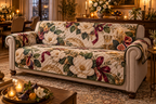 One sofa cover with an original Magnolia Gratitude Feast, cream magnolias, ribbon loops and candlelit host-salon depth.