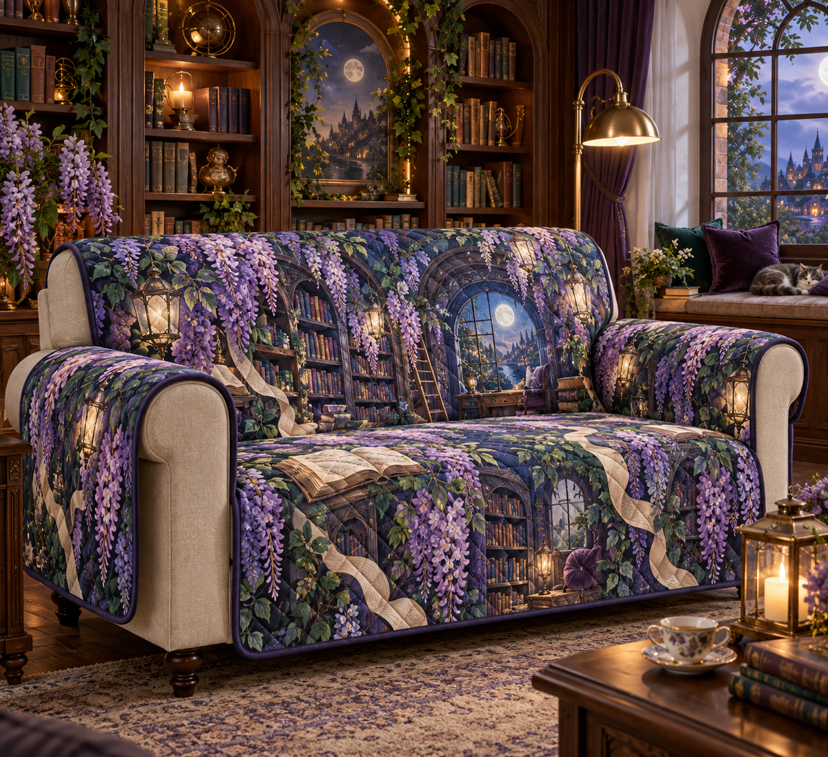 One sofa cover with an original Wisteria Lantern Library, cascading violet blooms, book arches and moonlit reading-nook depth.
