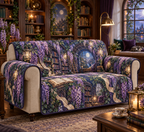 One sofa cover with an original Wisteria Lantern Library, cascading violet blooms, book arches and moonlit reading-nook depth.