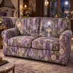 One sofa cover with an original Wisteria Moonlit Canopy, cascading violet blooms, prism arches and romantic bedroom depth.