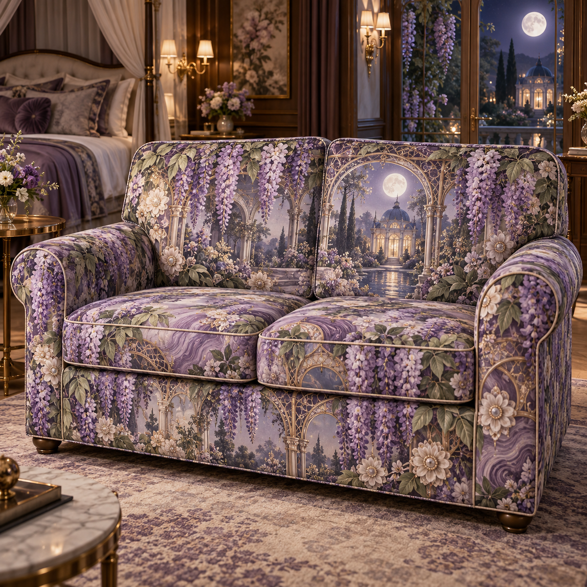 One sofa cover with an original Wisteria Moonlit Canopy, cascading violet blooms, prism arches and romantic bedroom depth.