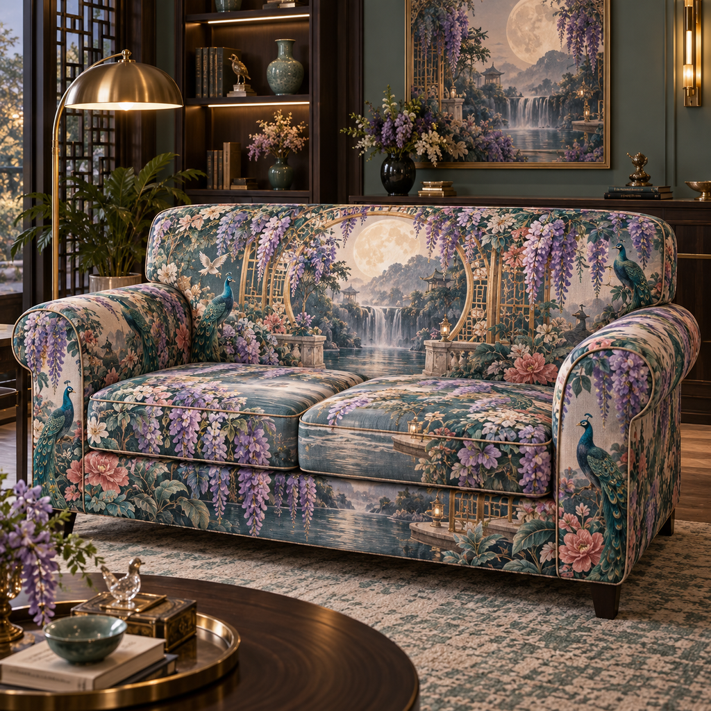 One sofa cover with an original Wisteria Opal Moon Salon, waterfall blooms, circular moon gate and jewel-toned living-room depth.