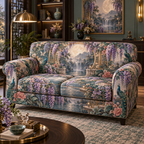 One sofa cover with an original Wisteria Opal Moon Salon, waterfall blooms, circular moon gate and jewel-toned living-room depth.