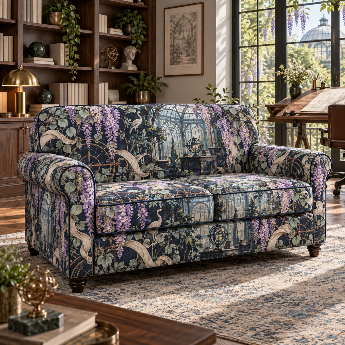 One sofa cover with an original Wisteria Glasshouse Study, lilac cascades, copper drafting arcs and sunlit office depth.
