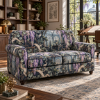 One sofa cover with an original Wisteria Glasshouse Study, lilac cascades, copper drafting arcs and sunlit office depth.
