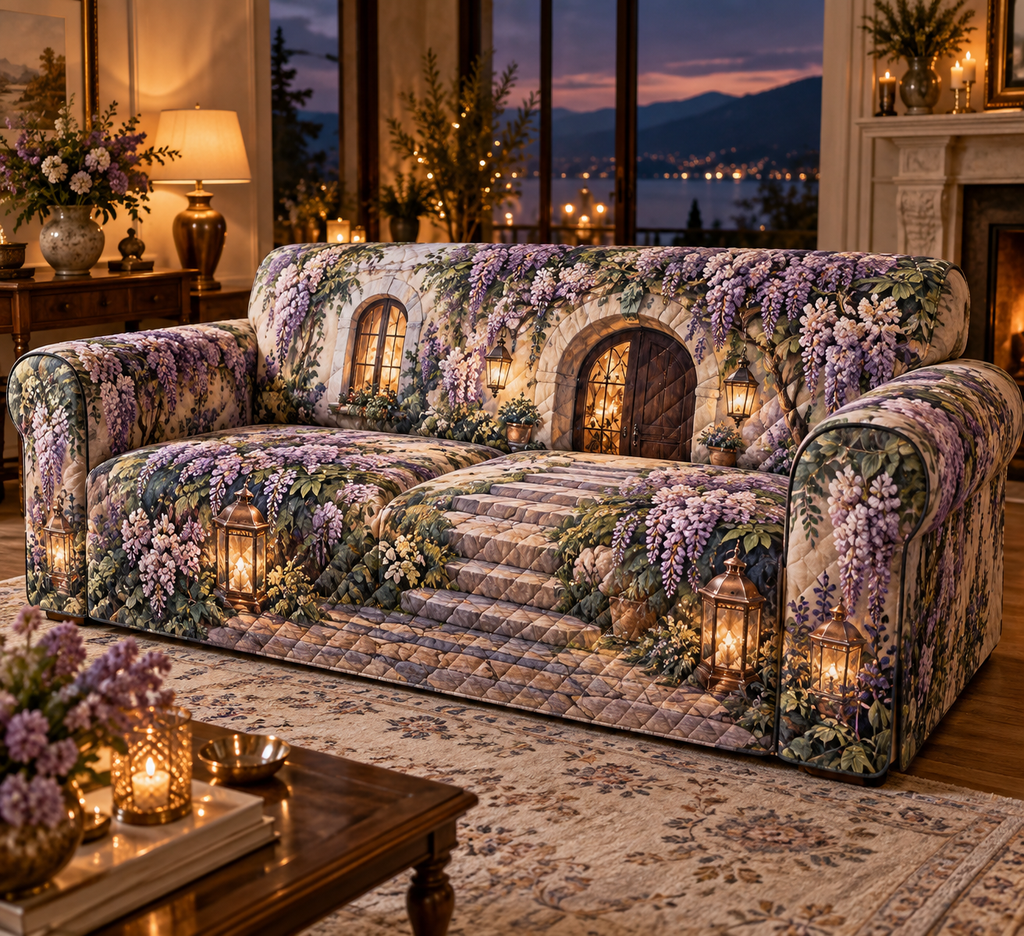 One sofa cover with an original Wisteria Welcome Lantern House, glowing doorway, cascading lilac blooms and warm new-home depth.