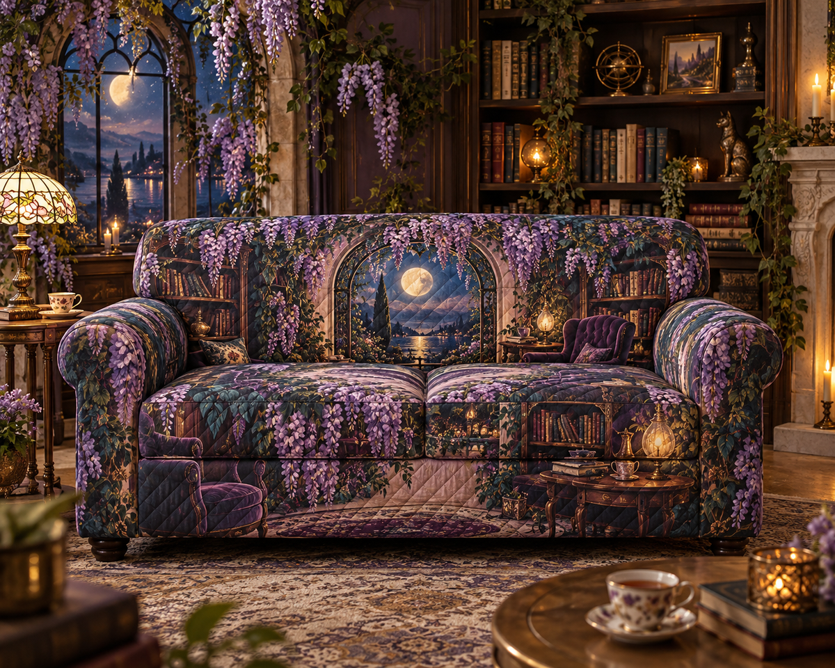 One sofa cover with an original Wisteria Moonlit Reading Alcove, curved bookshelves, lavender cascades and warm moonlit depth.
