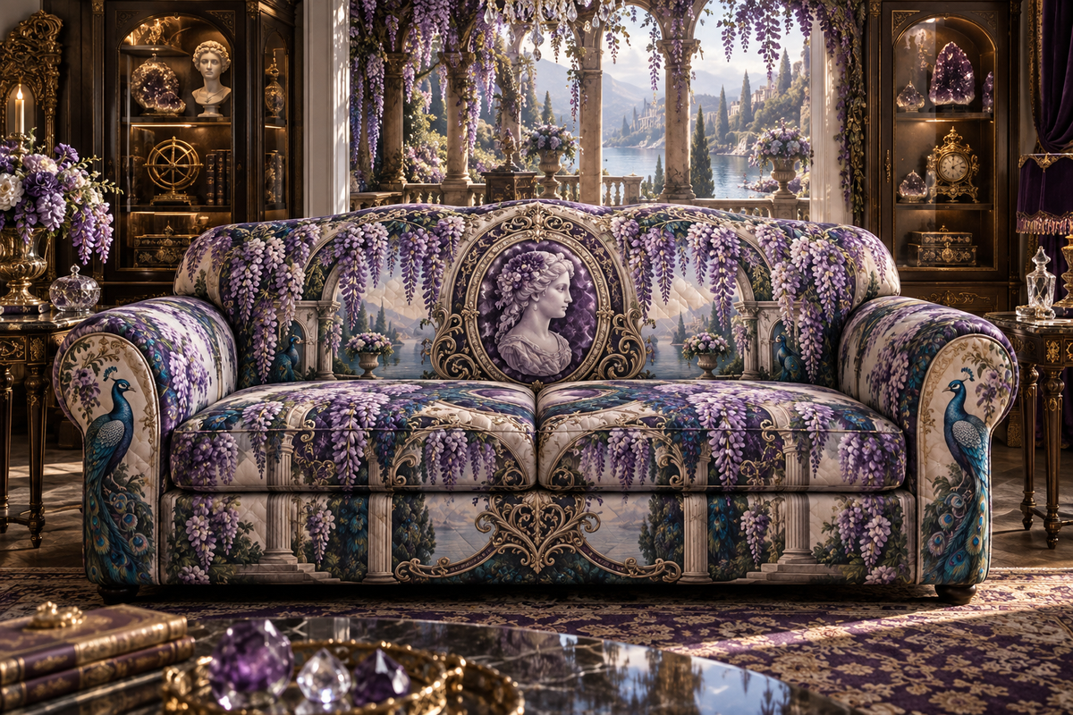 One sofa cover with an original Wisteria Amethyst Cameo Gallery, cascading blooms, jewel filigree and collector depth.