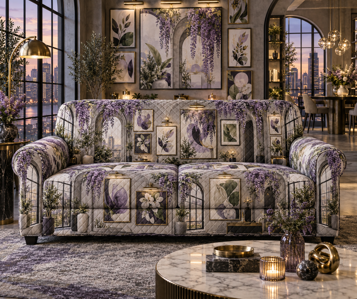 One sofa cover with an original Wisteria Prism Loft Gallery, layered botanical frames, opal windows and city-dusk depth.