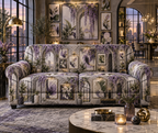 One sofa cover with an original Wisteria Prism Loft Gallery, layered botanical frames, opal windows and city-dusk depth.