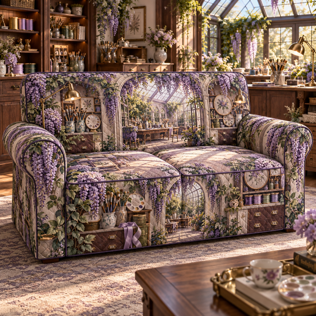 One sofa cover with an original Wisteria Maker Atelier Arch, layered maker tools, greenhouse skylights and studio depth.