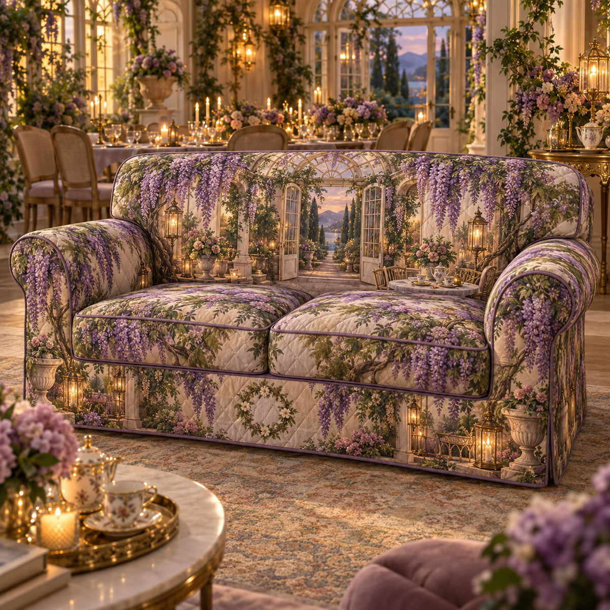 One sofa cover with an original Wisteria Candlelit Welcome Conservatory, amber lanterns, garden doors and hospitality depth.