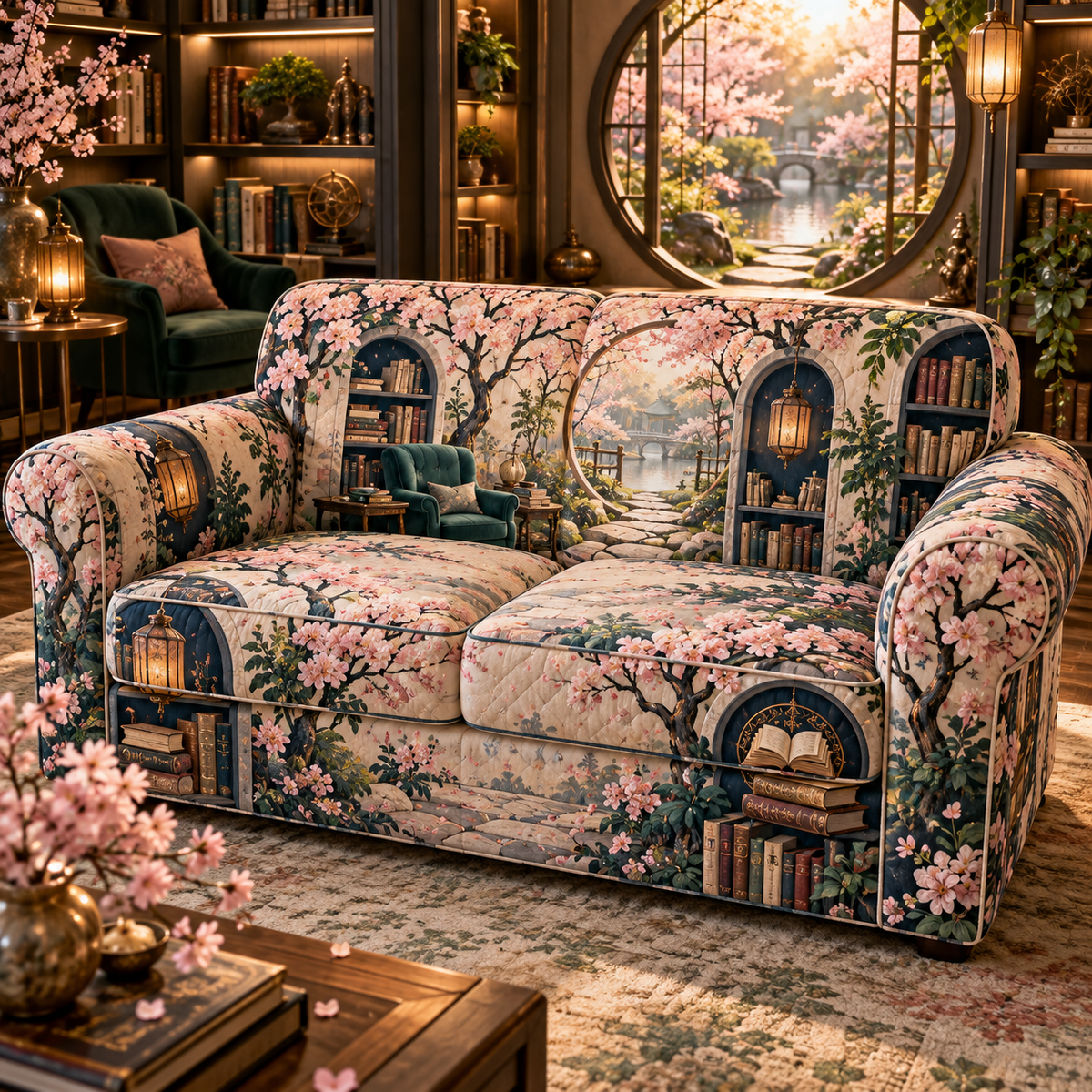 One sofa cover with an original Sakura Lantern Library Alcove, layered shelves, blossom path and reading depth.