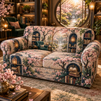 One sofa cover with an original Sakura Lantern Library Alcove, layered shelves, blossom path and reading depth.