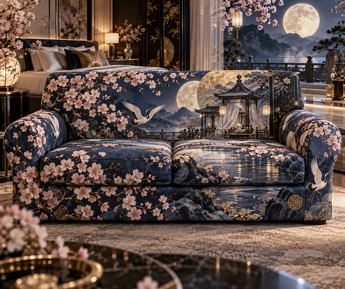 One sofa cover with an original Sakura Moon Gold Bedroom Pavilion, layered blossoms, gold moons and bedroom-statement depth.