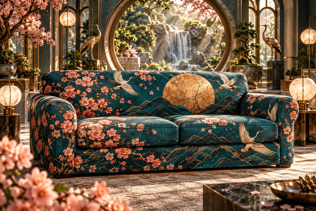 One sofa cover with an original Sakura Kintsugi Sunroom Gallery, layered portals, coral blossoms and living-room depth.
