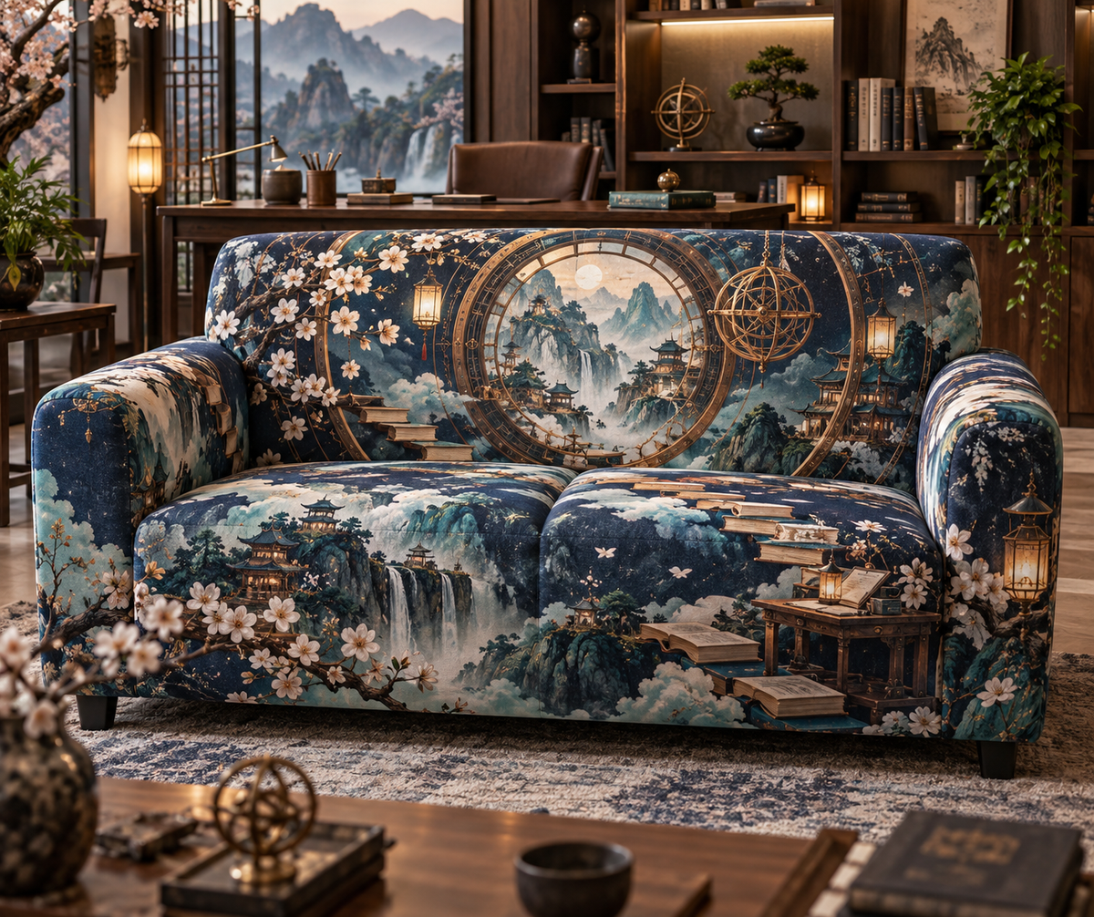 One sofa cover with an original Sakura Astrolabe Study Window, copper rings, floating books and home-office depth.