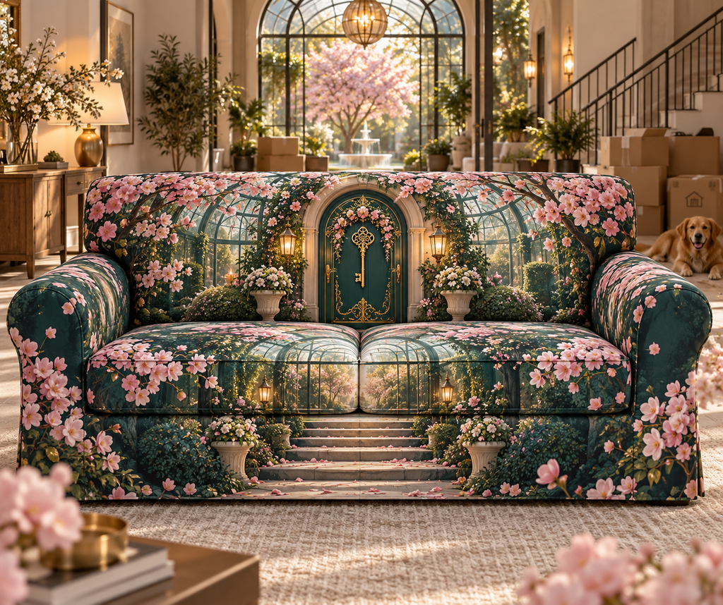One sofa cover with an original Sakura Keyhouse Welcome Atrium, arched doors, glass gardens and new-home depth.