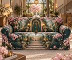 One sofa cover with an original Sakura Keyhouse Welcome Atrium, arched doors, glass gardens and new-home depth.