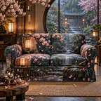 One sofa cover with an original Sakura Rainlight Tea Nook, crescent windows, lanterns and rainy-garden depth.