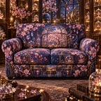 One sofa cover with an original Sakura Birthstone Curio Conservatory, jeweled blossoms, orrery rings and collector-gallery depth.