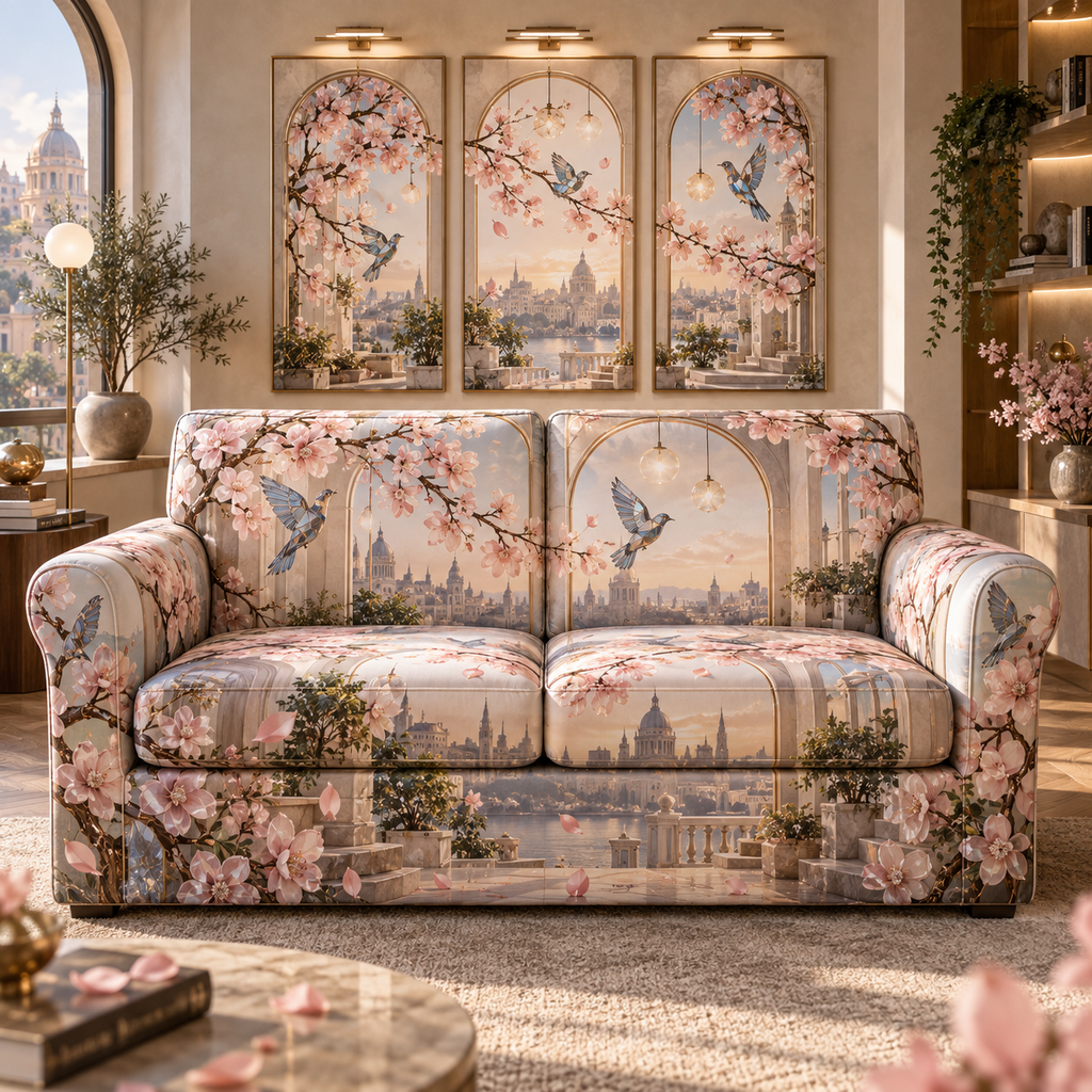 One sofa cover with an original Sakura Prism Triptych Loft, stained-glass blossoms, prism birds and apartment-gallery depth.