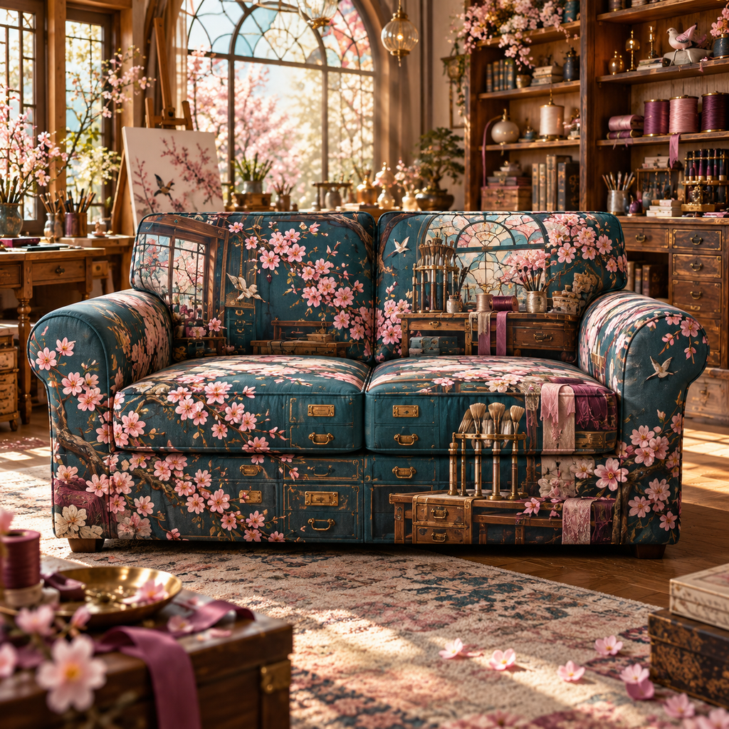One sofa cover with an original Sakura Maker Atelier, lacquer cabinets, studio tools and skylit-workshop depth.