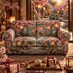 One sofa cover with an original Sakura Welcome Lantern Courtyard, hospitality gifts, opal lanterns and deep garden paths.