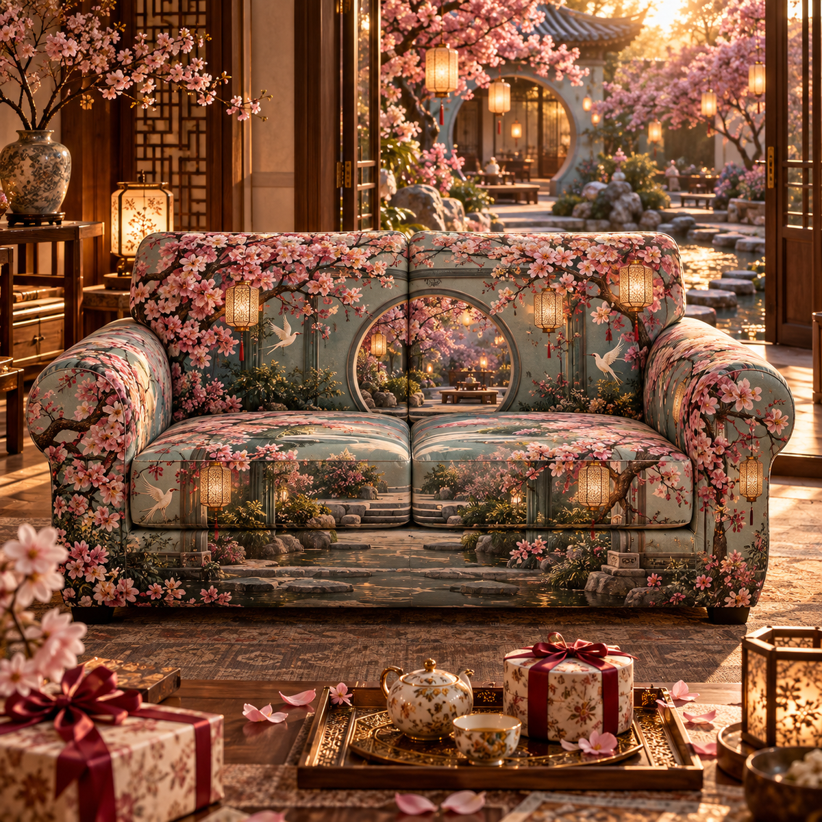 One sofa cover with an original Sakura Welcome Lantern Courtyard, hospitality gifts, opal lanterns and deep garden paths.
