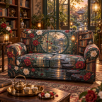 One sofa cover with an original Camellia Moonwindow Reading Conservatory, tea garden, books and rainlit depth.